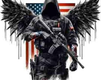 May include: A hooded figure with black wings stands in front of an American flag. The figure is holding a rifle and wearing tactical gear.