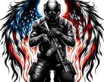 May include: A silhouette of a soldier kneeling with a rifle, wearing a helmet and surrounded by flames. The flames are red, white, and blue, resembling the American flag. The soldier has wings on their back, also in the colors of the American flag.