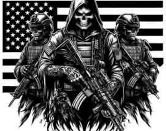 May include: Black and white illustration of three soldiers in military gear, one wearing a hooded cloak, standing in front of an American flag.