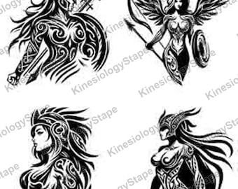 SVG-bundel met schildmaagd, 4 tribale Valkyrie-ontwerpen in PNG- en SVG-formaat, downloadbare kunst van een Viking-krijgster.