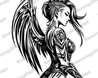 Valkyrieprofiel met vleugels SVG PNG, tribale Noorse krijger vrouw tattoo, Viking schildmaagd download