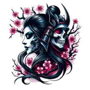 May include: A digital illustration of a woman's face merging with a skull, adorned with a samurai helmet. The artwork features black, blue, and white tones, accented by pink cherry blossoms. The design is set against a white background.