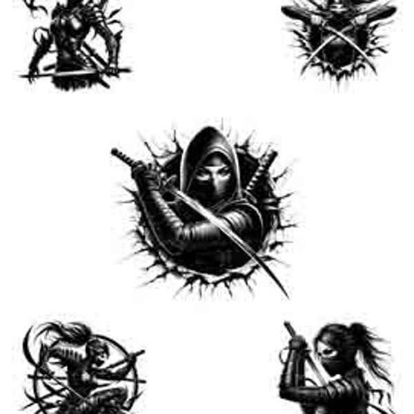 Samurai Ninja Women PNG Bundle - Digital Tattoo Art | PNG Collection| Instant Download for Apparel, Décor and Japanese Wall Art