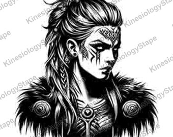 Retrato de doncella escudera vikinga en formato SVG y PNG, guerrera nórdica con pintura de guerra, descarga de diseño de tatuaje.