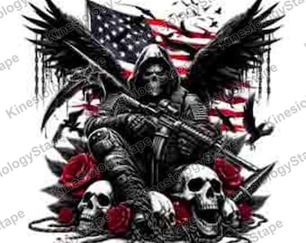 Winged Reaper on Skulls and Roses SVG PNG, Halloween Death Angel with American Flag, Tattoo Download