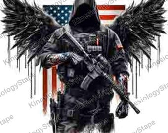 Winged Reaper Soldier SVG PNG, Halloween Dark Angel Military Art with American Flag, Tattoo Download