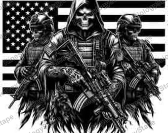 Hooded Skull Soldier Squad with American Flag PNG SVG, Military Reaper Art, Veterans Day Tattoo Download