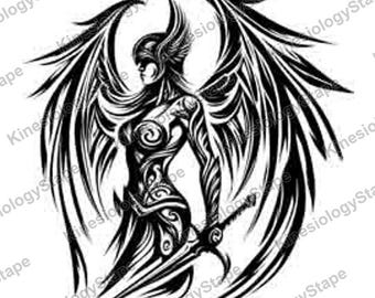 Gevleugelde Valkyrie Tribal SVG PNG, Noorse Schildmaagd Tattoo Ontwerp, Viking Krijger Vrouw Kunst Download