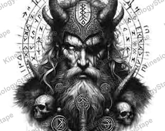 Odin with Runes and Skulls SVG PNG, Norse All Father Viking Tattoo Design, Valhalla Art Download