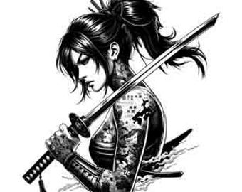 Könnte beinhalten: Schwarzweiß-Illustration einer Frau mit einem Pferdeschwanz, die ein Katana-Schwert über ihrem Körper hält. Sie trägt ein ärmelloses Oberteil und hat Tätowierungen auf ihren Armen.