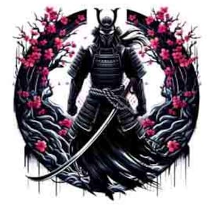 May include: A black and white illustration of a samurai warrior standing in front of a cherry blossom tree. The warrior is wearing traditional armor and holding a katana sword. The background is a dark blue and black color.