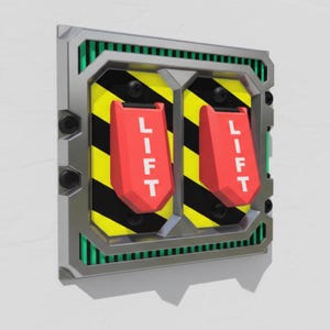 May include: A metallic panel with two red lift switches. The switches are labeled with the word "LIFT" in white capital letters. The panel has a yellow and black striped background and a silver frame.