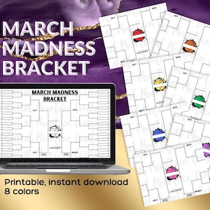 May include: Printable March Madness bracket template with 8 different color options. The bracket is displayed on a laptop screen and includes a basketball graphic. The text "MARCH MADNESS BRACKET" is displayed at the top of the bracket.