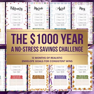 May include: A collection of twelve monthly savings challenge printables. Each month has a different design and savings goal. The central banner reads "THE $1000 YEAR A NO-STRESS SAVINGS CHALLENGE". The printables are designed to help people save money.