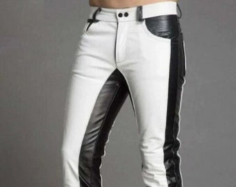 Mens Real Leather Pant White Black Pant Trouser Causal Wear Motorcycle Biker