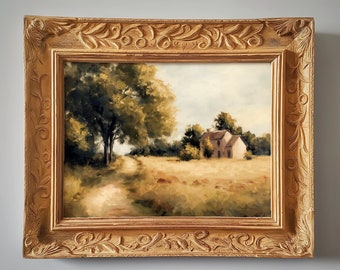 Cottage by the Road | Peaceful Landscape | Oil Painting | Digital Download | Style of Jules Adolphe Aimé Louis Breton