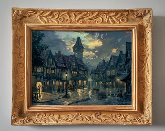 Town Square at Night | Peaceful Town | Style of Thomas Kinkade | Digital Download | 1