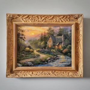 Cottage at Sunset | Peaceful Landscape | Kinkade Style | Digital Download | 2
