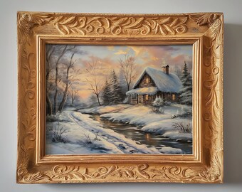 Winter Cottage | Kinkade Style Painting | Digital Download | 3