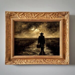 May include: A painting of a lone figure in a dark landscape, walking away from the viewer with a suitcase in hand. The sky is a stormy grey with a faint light in the distance.