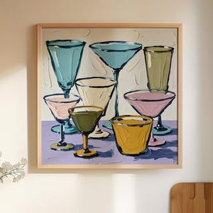 Bar Cart Art Print, Kolorowe szklanki do koktajli, Kwadratowy nadruk w stylu Pop Art, Wystrój kuchni w stylu retro, Znak Funky Home Bar, Drukowana sztuka ścienna
