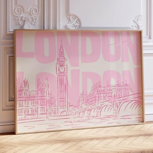 London Wall Art Print - Pink London Skyline - Big Ben Line Art - Digital Download - Minimalist City Poster - UK Travel Decor - London Poster
