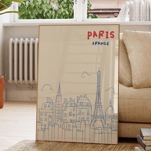 Paris Art Print - Minimalist Paris Wall Art - Eiffel Tower Cityscape Poster - Modern Paris Decor - Digital Download - Blue France Artwork