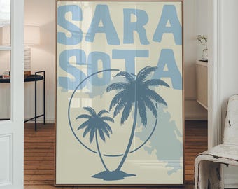 Sarasota Travel Poster, Retro Florida Wall Art, Palm Tree Print, Coastal Beach Decor, Gulf Coast Print, Vacation Wall Art, Digital Download