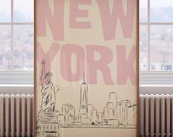 New York City Print • Pink Preppy Wall Art • NYC Poster • City Skyline Sketch • Girly Dorm Decor • Digital Download