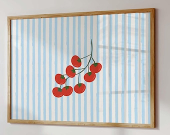May include: A rectangular framed wall art piece featuring a light blue and white vertical striped background with a central illustration of a cluster of eight red tomatoes on a green vine, enclosed in a simple light-toned wooden frame.