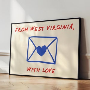Arte mural de Virginia Occidental - Impresión de amor por el estado - Descarga digital minimalista - Regalo de Virginia Occidental - Decoración del hogar del estado - Póster tipográfico