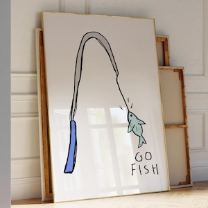 Vissen Wall Art Print, Go Fish digitale download, schattige vis illustratie, modern minimalistisch decor, leuke kinderkamer kunst, speels interieur