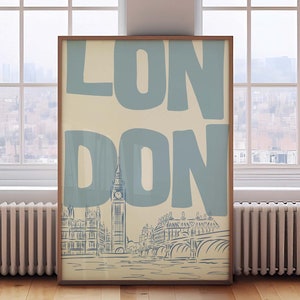 Impresión artística de Londres, arte de pared vintage de Londres, impresión retro, póster del horizonte de Londres, arte de pared moderno, decoración de pared moderna de Londres, arte imprimible azul