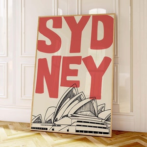 Impresión artística de Sídney, arte de pared vintage de Sídney, póster retro, póster de la Ópera de Sídney, decoración moderna para el hogar, arte minimalista de Sídney, arte imprimible en rojo