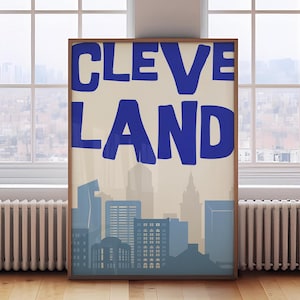Cleveland Wall Art Cleveland Skyline Poster Retro Minimalist Print Blue Ohio Home Decor Office Art Dorm Wall Decor Printable Wall Art
