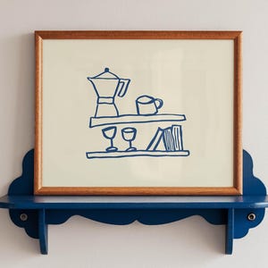 Moka Pot Print: Blue Line Art Drawing, Coffee Bar Decor (Digital Download, Horizontal)