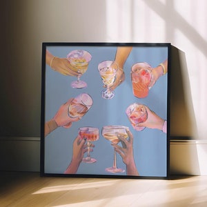 Wydruk na wózek barowy - plakat Cheers, modna sztuka ścienna w stylu retro, wystrój na drinki w stylu vintage, niebieski plakat kuchenny, kwadratowa drukowana sztuka na wózek barowy do domu