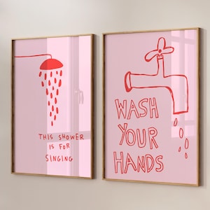 Retro Badezimmer Kunstdruck Set: Duschen, Hände waschen, Singen (Digitaler Download)