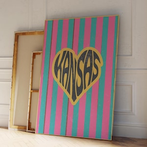 Kansas Wall Art Retro 70s Decor Funky Groovy Poster Aesthetic Dorm Decor Living Room Print Printable Wall Art Vintage Kansas Art Green Pink