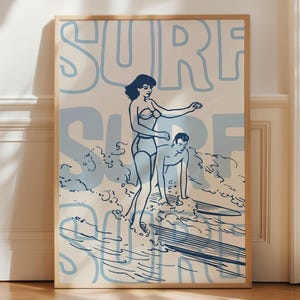 Vintage Surfen Poster, Retro Strand Wandkunst, Mid-Century Modern Surf Dekor, digitaler Download, Küsten Wohnkultur, Surfer Mädchen Illustration