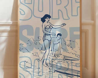 Vintage Surfing Poster, Retro Beach Wall Art, Mid-Century Modern Surf Decor, Digital Download, Coastal Home Decor, Surfer Girl Illustration