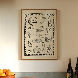 Dinner Party Poster Vintage Food Poster Trendy Kitchen Decor Wine and Cheese Print Modern Kitchen Print Retro Food Art Dining Room Wall Art