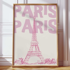 Impresión de arte mural de París - Póster de la Torre Eiffel rosa - Obra de arte de viaje moderna - Póster francés retro - Decoración minimalista para el hogar - Descarga digital