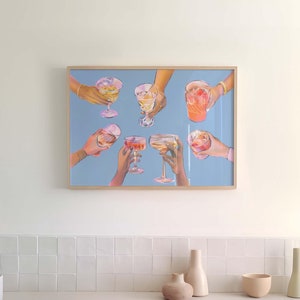 Barwagen print cheers poster trendy horizontale muur kunst retro bar cart decor trendy keuken poster vintage drankjes poster afdrukbare kunst blauw
