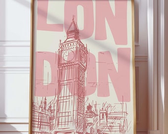 Vintage London Art Print: Pink Big Ben Poster (Digital Download)