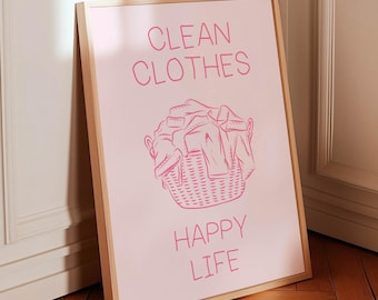 Grappige poster voor de wasruimte: Roze poster met schone kleren (digitale download)