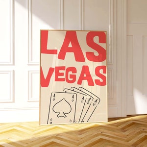 Impresión artística de Las Vegas, arte mural vintage de Las Vegas, póster retro, impresión de naipes, póster de Las Vegas, decoración moderna para el hogar, arte imprimible en rojo