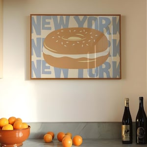 New York Bagel Kitchen Poster: Minimalist Blue NYC Foodie Art (Digital Download)
