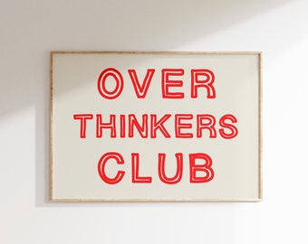 Over Thinkers Club Print Trendy Horizontal Wall Art Funny Quote Print Retro Poster Typography Art Print Trendy Home Decor Printable Art Red