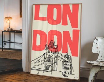 London Skyline Poster – Red Tower Bridge Wall Art (Digital Download)